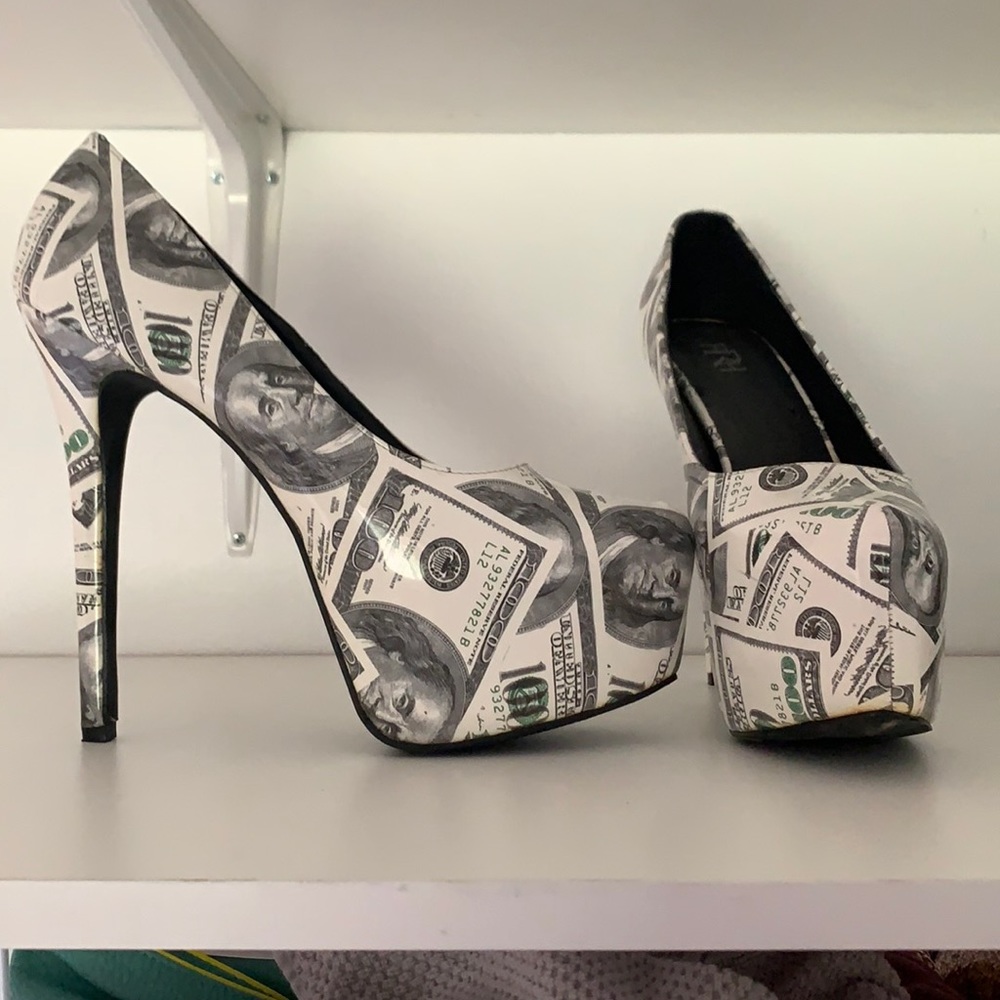 High heels size 10, $100 bills.